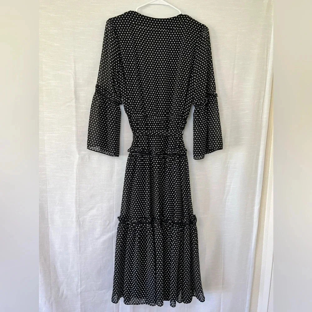 MICHAEL KORS Tiered Polka Dot Chiffon MIDI Dress Black - Picture 8 of 9